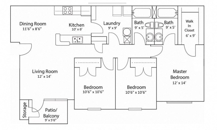 Floor plan for 3 beds, 2 baths, 1200 sqft